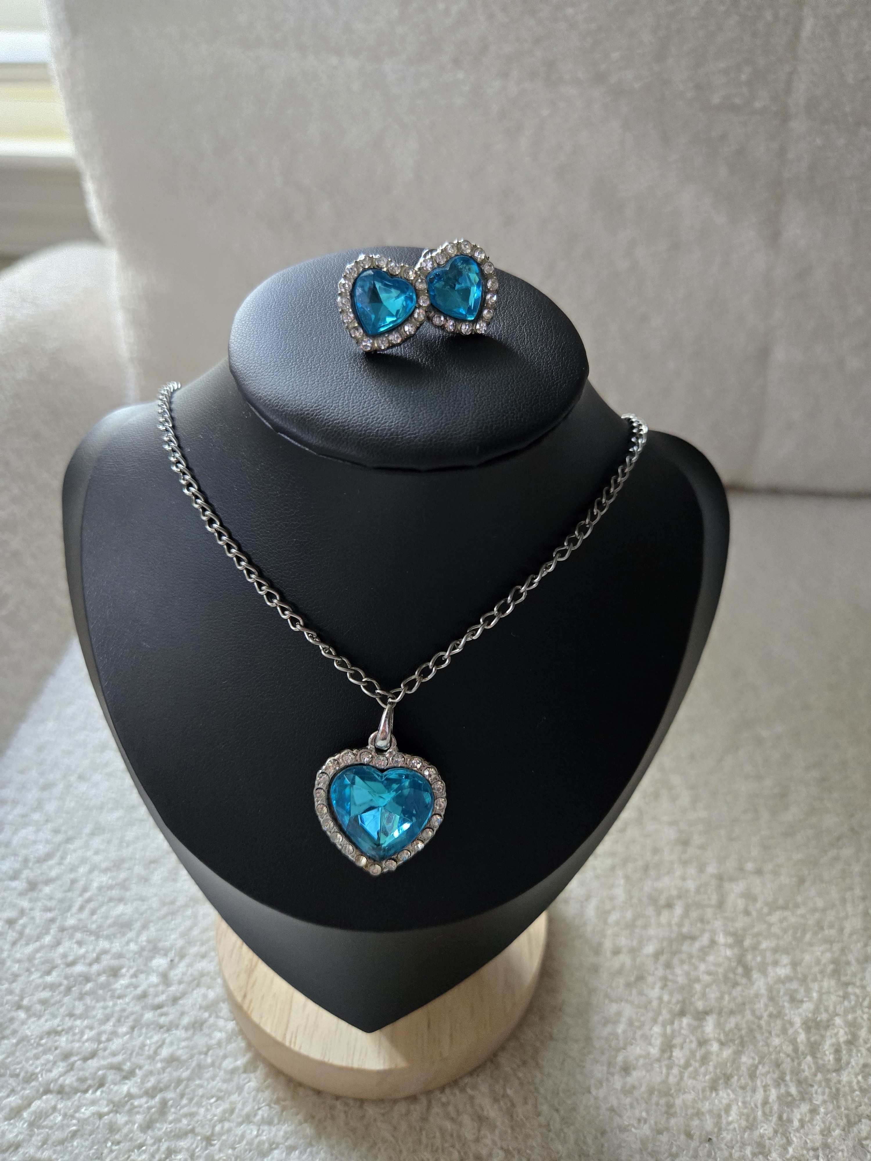 Silver Heart Necklace & Earrings Set With Blue Crystal Center